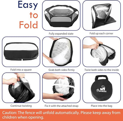 Pawaboo Small Animals Playpen, Waterproof Small Pet Cage Tent with Zippered Cover, Portable Outdoor Yard Fence with 3 Metal Rod for Kitten/Puppy/Guinea Pig/Rabbits/Hamster/Chinchillas, Black