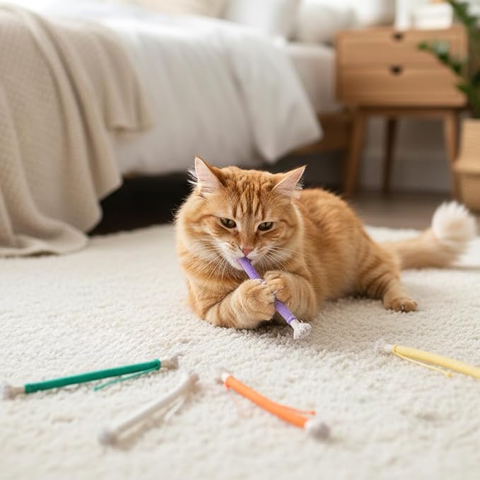 Cat Toys Chew Ropes, 6 PCS Kitten Teething Toys for Indoor Kittens Interactive Cats Cleaning Toy Refillable Catnip Cat Chew Ropes Toy for Indoor Cats Teeth Cleaning Self Playing