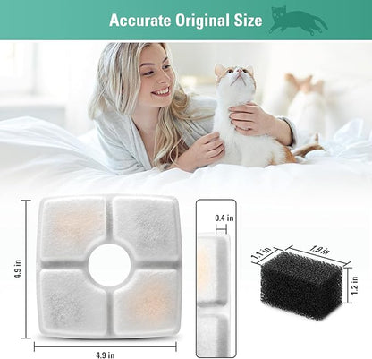 4 Pack Replacement Filters & Pre-Filter Sponges for 84oz/2.5L Automatic Pet Fountain, BFLICROY Cat Water Fountain Filter, Triple Filtration Pet Fountain Replacement Filters