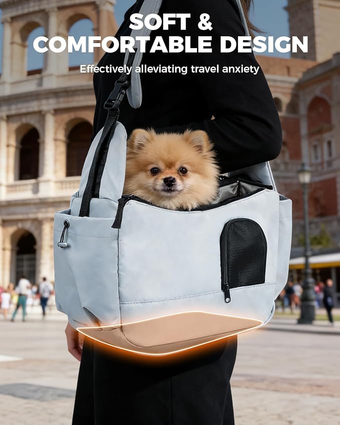Pet Sling Carrier for Small Dogs Up to 7 lb, Stylish Versatile Soft Dog Sling Carrier with Widened Padded Adjustable Shoulder, Safety Buckle and Breathable Anti-Scratch Mesh for Travel, Grey