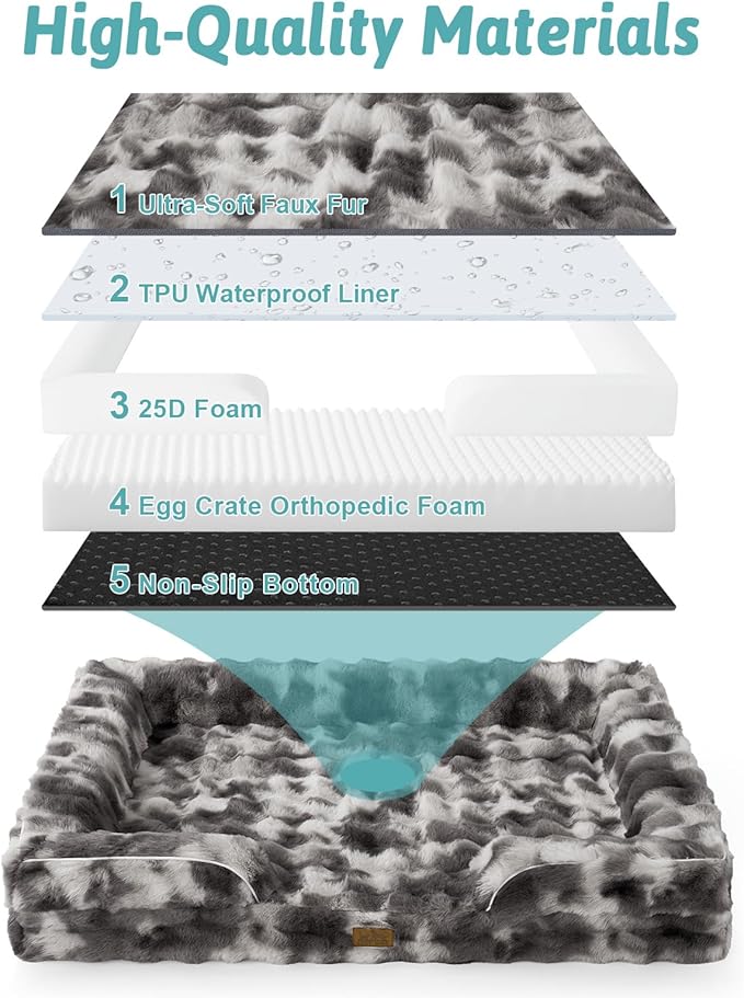 COZY KISS Orthopedic Dog Bed for Large Medium Size Dog, Soft and Warm Faux Fur Sofa for Pet Up to 75 lbs, Foam Bolster Anti-Slip Couch with Washable Removable Cover, L 36x27x6.5 inch, Tie Dye Grey