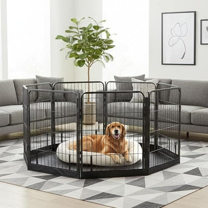 Dog Playpen w/Octagon Bottom Floor Cover - 40 inch, 8 Panel Portable Black Metal Pet Play Pen for Medium & Large Dogs - Indoor/Outdoor Kennel Cage for Home, Yard, RV, or Camping
