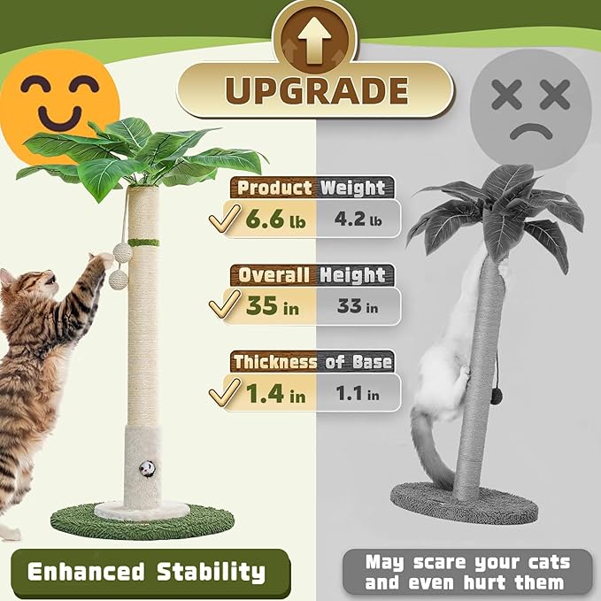 Woochpet Cat Scratching Post for Indoor Cats and Kitten - 35.43" Tall Cat Scratching Post with Sisal Rope,Palm Tree Cat Scratch Post with Hanging Ball (35.4-White, 35.4in)