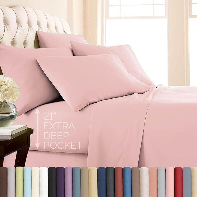 Southshore Fine Living, Inc. 6 Piece King Size Sheets Set, 21-Inch Extra Deep Pocket King Sheet Set, Full Elastic Fitted Sheet, Oversized Flat, 4 Pillow Cases, Pastel Pink Bedding, Pastel Pink Sheets