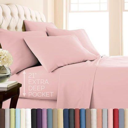 Southshore Fine Living, Inc. 7-Piece Split King Sheet Set, 21-Inch Split King Size Sheets Deep Pocket Set, Fitted and Flat Sheet, Microfiber Bedding, Pink Pillow Cases Set of 4, Pink Sheets