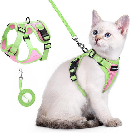 rabbitgoo Cat Harness and Leash Set, Escape Proof Soft Adjustable Vest Harnesses for Outdoor Walking, Easy Control Breathable Kitten Jacket with Reflective Strips, Pink & Light Green, XXS
