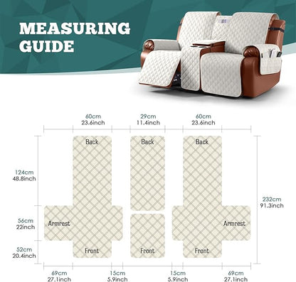 Ruaozz Waterproof Loveseat Recliner Cover with Console Non-Slip Reclining Couch Covers Split Sofa Slipcovers with Elastic Straps Furniture Protector for Kids, Dogs, Pets (Beige,2 Seater)