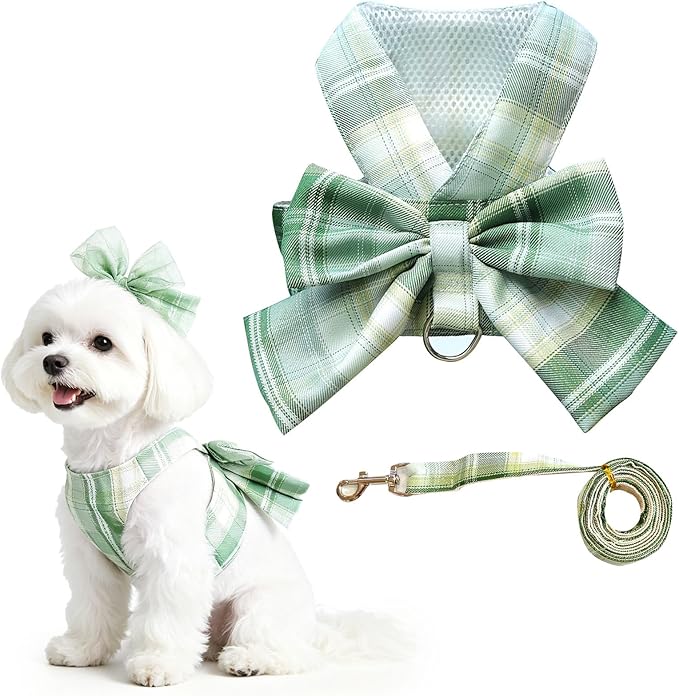 Cute Dog Harness and Leash Set with Bow Tie Soft Mesh Plaid Girl Puppy Harness No Pull Pet Cat Dog Vest Harness for Small Dogs Chihuahua Rabbit Outfit (Green,L)