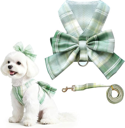 Cute Dog Harness and Leash Set with Bow Tie Soft Mesh Plaid Girl Puppy Harness No Pull Pet Cat Dog Vest Harness for Small Dogs Chihuahua Rabbit Outfit (Green,XXL)