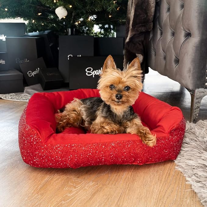 Sparkles Home Pet Bed, Sparkling Rhinestones, Soft, Comfortable Velvet, for Lounging Dogs, Cats, Pets, Red, Small, Sold Individually