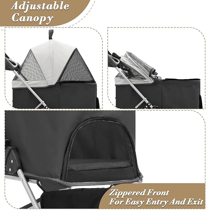 Athena Collection 4 Wheels Pet Stroller for Medium Dogs 33 Lbs - Puppy Cat Carrier With Detachable Carrier, Cup Holder Tray, Bottom Storage - Black