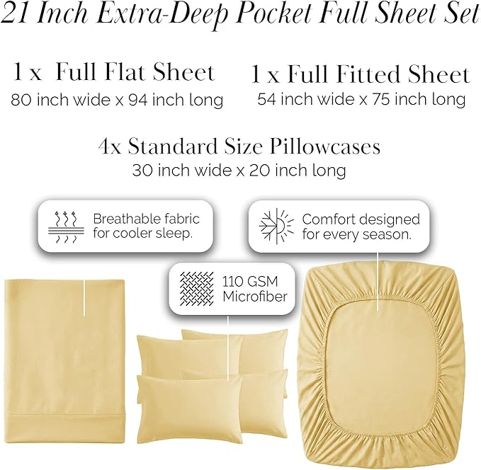 Southshore Fine Living, Inc. 21-Inch Extra Deep Pocket Fitted Sheet Full, 6-Piece Microfiber Bed Sheets Full Size Set, Oversized Flat, Pillow Cases Standard Size Set of 4, Muted Gold Sheets