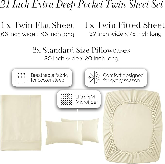 Southshore Fine Living, Inc. 4-Piece Twin Sheets Set, 21" Deep Pocket Twin Fitted Sheet, Oversized Flat Sheet, Microfiber Bedding, Premium Bedding, Cream Pillow Cases Standard Size, Cream Sheets