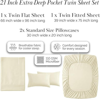 Southshore Fine Living, Inc. 4-Piece Twin Sheets Set, 21" Deep Pocket Twin Fitted Sheet, Oversized Flat Sheet, Microfiber Bedding, Premium Bedding, Cream Pillow Cases Standard Size, Cream Sheets