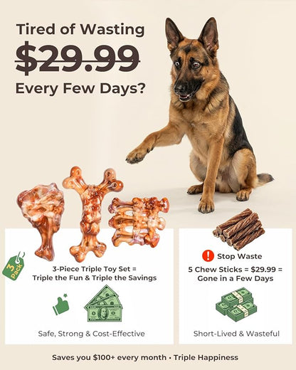 3 Pack Dog Toys for Aggressive Chewers - Tough Durable Nylon Chew Toys Bacon Flavored for Large Dogs 20-90lbs