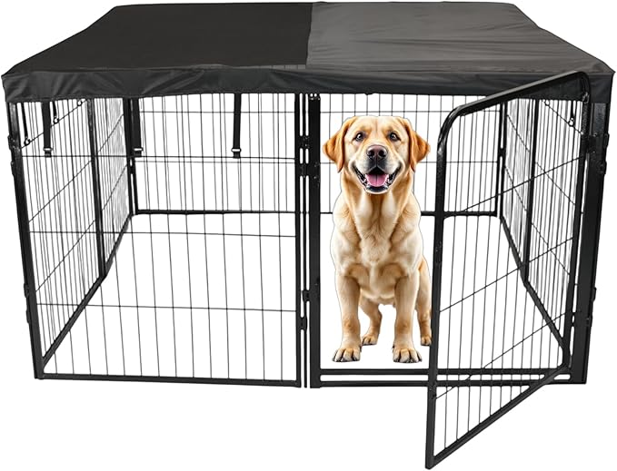 Dog Playpen w/Square Top Shade Cover - 32 inch, 8 Panel Portable Black Metal Pet Play Pen for Small & Medium Dogs - Indoor/Outdoor Kennel Cage for Home, Yard, RV, or Camping