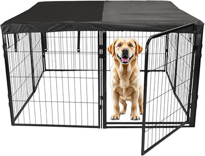 Dog Playpen w/Square Top Shade Cover - 32 inch, 8 Panel Portable Black Metal Pet Play Pen for Small & Medium Dogs - Indoor/Outdoor Kennel Cage for Home, Yard, RV, or Camping