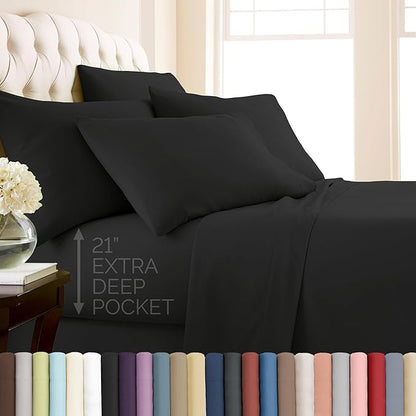 Southshore Fine Living, Inc. 6-Piece Full Sheet Set Premium Bedding, 21-Inch Black Full Size Sheets Set, 1 Deep Pocket Fitted Sheet, 1 Flat Bedsheet, Queen Pillow Cases, Black Sheets