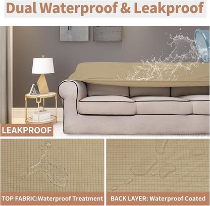 Easy-Going 100% Waterproof Couch Cover, Dual Waterproof Sofa Cover, Stretch Jacquard Sofa Slipcover, Leakproof Furniture Protector for Kids, Pets, Dog and Cat (Sofa, Sand)