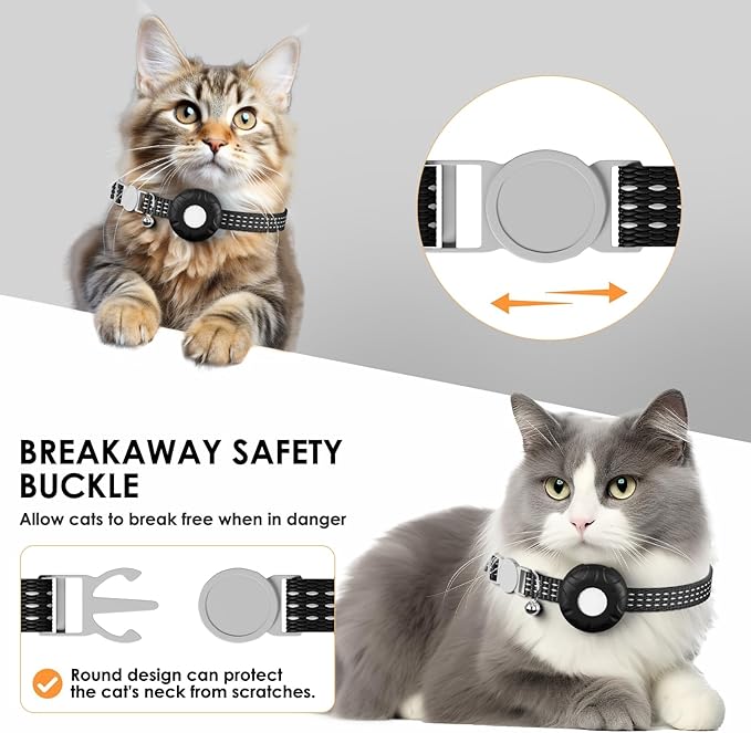 Cat Tracker, Lightweight GPS Tracker Compatible with Apple Find My App(Only iOS), Waterproof Cat Tracker Collar with Bell and Safety Elastic Buckle, No Monthly Fee Pet Trackers for Pets, Kids (Black)