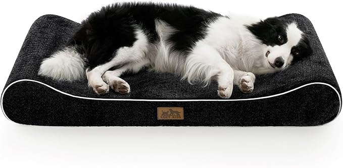 COZY KISS Orthopedic Dog Bed for Large Dogs up to 90 lbs - Removable Washable Cover with Waterproof Lining & Non-Skid Bottom, Cotton-Polyester Blend Boat-Shaped Lounger Mattress, L(45x30x6in), Black