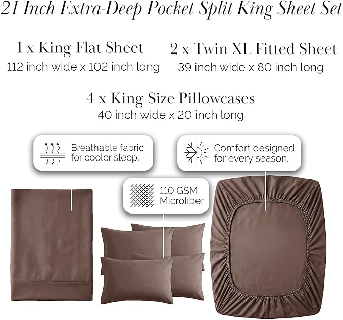 Southshore Fine Living, Inc. 7-Piece Split King Sheets Sets for Adjustable Bed, 21-Inch Split King Size Sheets Deep Pocket Set, Fitted and Flat Sheet Set, Brown Pillow Cases, Chocolate Brown Bedding
