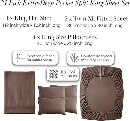 Southshore Fine Living, Inc. 7-Piece Split King Sheets Sets for Adjustable Bed, 21-Inch Split King Size Sheets Deep Pocket Set, Fitted and Flat Sheet Set, Brown Pillow Cases, Chocolate Brown Bedding