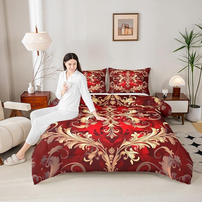 Erosebridal (Just Print Red Damask Print King Size Comforter Set, Bohemian Vintage Floral Paisley Soft Bed Set for Kids Boys Girls, Tribal Hippie Exotic Quilt Set,Victorian Baroque Bed Sets