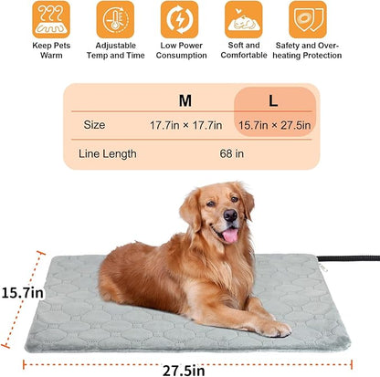 Pet Heating Pad for Cats & Dogs Indoor Outdoor, Warming Cat Heating Pad with Chew Resistant Cord, Adjustable Temperature and Time, Heated Pet Bed Mat Waterproof for Cats Dogs (Grey, 15.7'' × 27.6'')