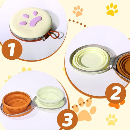 Portable Dog Travel Bowls – 2 in 1 Collapsible Silicone Bowls with Carry Case | All-in-One Food & Water Solution for Camping, Hiking, Car Travel | BPA-Free, Leash Clip, Easy Clean