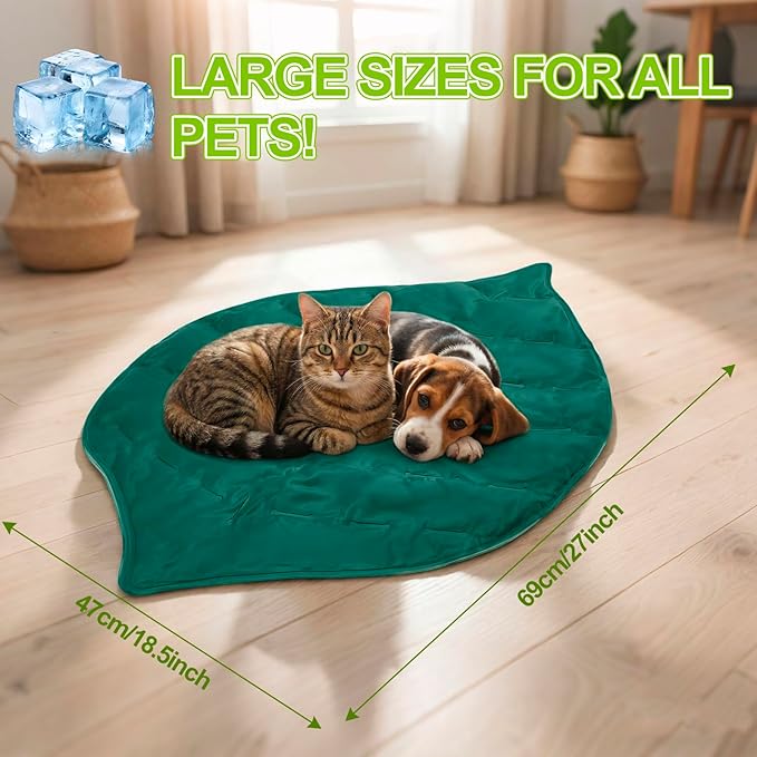 Drydiet Self Cooling Mat for Cats - Large Leaf Shaped - 27 x 18.5 Inch Summer Pet Cool Mats for Cats and Puppies, Reversible Sleeping Blanket Pad for Cage Accessories and Safety Fences, Light Green