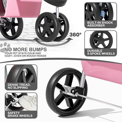 MoNiBloom 3-Wheels Foldable Pet Stroller with Waterproof Cover, Pet Strolling Cart for Small/Medium Dogs and Cats with Storage Basket and Cup Holder, Breathable and Visible Mesh for All-Season, Pink