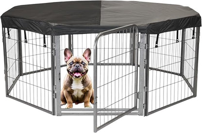 Dog Playpen w/Octagon Top Shade Cover - 24 inch, 8 Panel Portable Grey Metal Pet Play Pen for Small Dogs & Puppies - Indoor/Outdoor Kennel Cage for Home, Yard, RV, or Camping