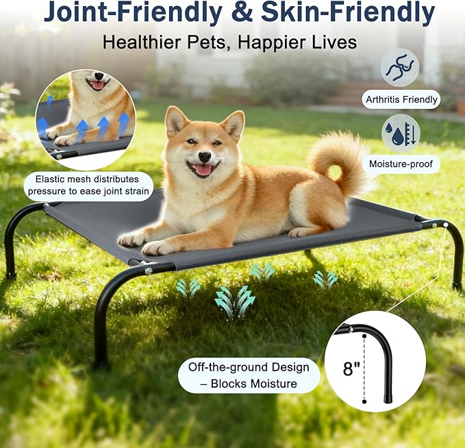 SZEE Raised Dog Bed with Detachable 2-Sided Cooling/Warming Waterproof Mat, Elevated Dog Cot Bed for Small Sized Breeds with Durable Steel Frame & Sturdy Teslin Mesh, Outdoor & Indoor All-Season Use