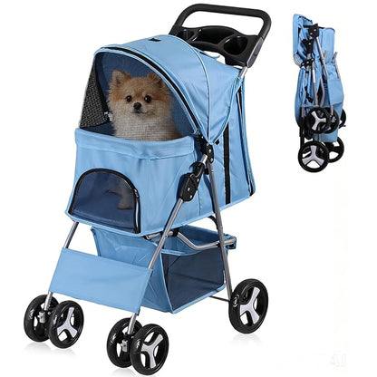 4 Wheels Dog Stroller Folding Pet Strolling Cart for Small Medium Cats Puppies Portable Jogger Travel Camping Puppy Carrier with Storage Basket Cup Holder, Blue