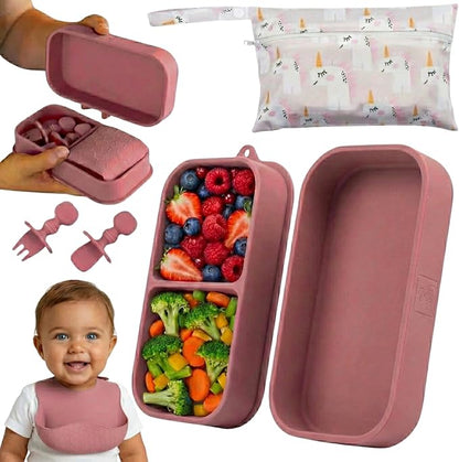 Baby Travel Essentials 6 Pc Silicone Feeding Set - Portable Toddler Plates with Suction, Baby Spoons & Foldable Bib in Carrying Case - BPA-Free Infant & Toddler Utensils for Airplanes & Eating Out