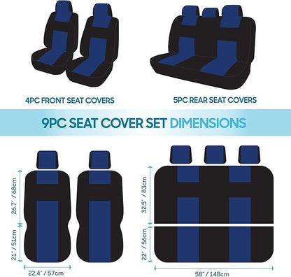 BDK PolyPro Car Seat Covers Full Set in Blue on Black, Front and Rear Split Bench Seat Covers for Cars, Easy to Install Car Seats Cover Set and Accessories for Auto Trucks Van SUV - Blue