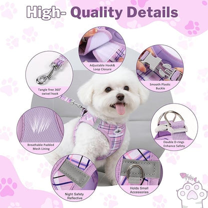 Gyuzh No Pull Dog Harness - 3-in-1 Step in Harness Collar Leash Set for Small Dog Walking & Training, Easy Walk Style, Lightweight Plaid Vest (Purple, M)