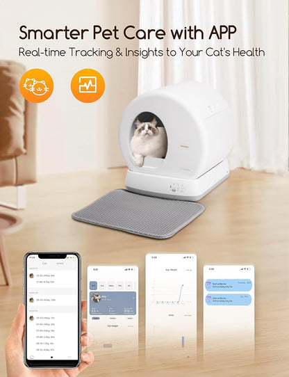 MeoWant Self-Cleaning Cat Litter Box, Integrated Safety Protection Automatic Cat Litter Box for Multi Cats, Extra Large/Odor Removal/APP Control Smart Cat Litter Box with Mat & Liner