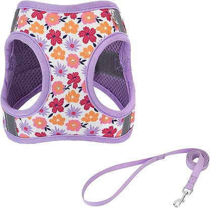 Small Dog Harness with Leash Purple Flowers Pattern Step in Mesh Padded Soft Harness for Small Medium Dogs Cats
