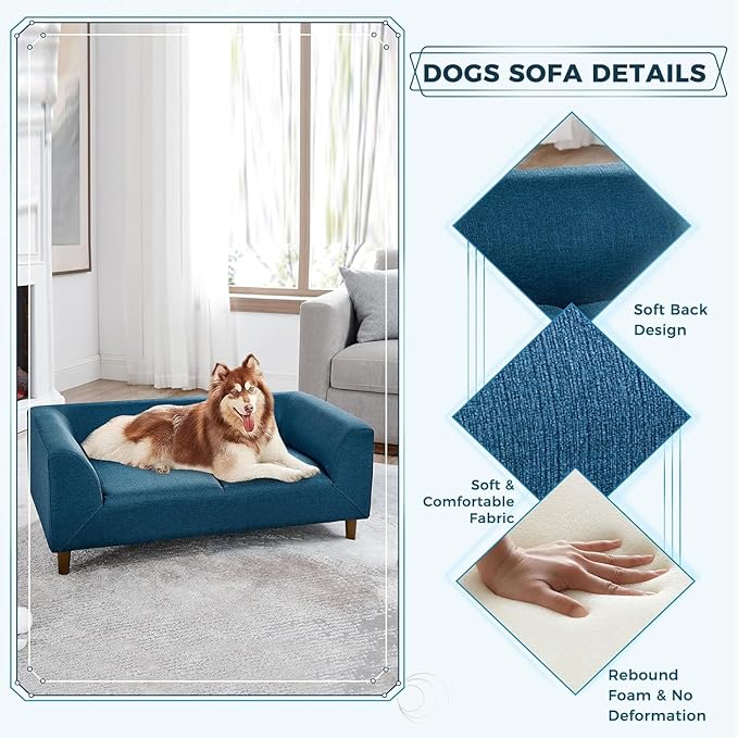 Dog Sofa Couch for Medium Dogs with Backrest and Armrest, Memory Foam Dog Sofa Bed, Modern Elevated Pet Couch Bed with Wooden Legs, Blue