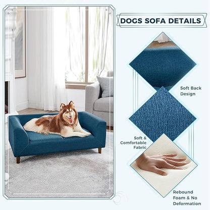 Dog Sofa Couch for Medium Dogs with Backrest and Armrest, Memory Foam Dog Sofa Bed, Modern Elevated Pet Couch Bed with Wooden Legs, Blue