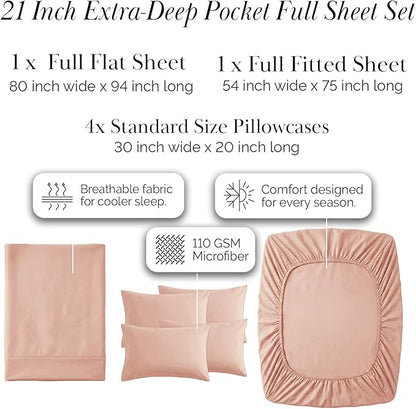Southshore Fine Living, Inc. 6-Piece Bed Sheets Full Size Set, 21-Inch Full Size Bed Sheets, 1 Deep Pocket Fitted Sheet, 1 Flat Sheet, Queen Pillowcases, Blush Pink Pillow Cases, Blush Bedding