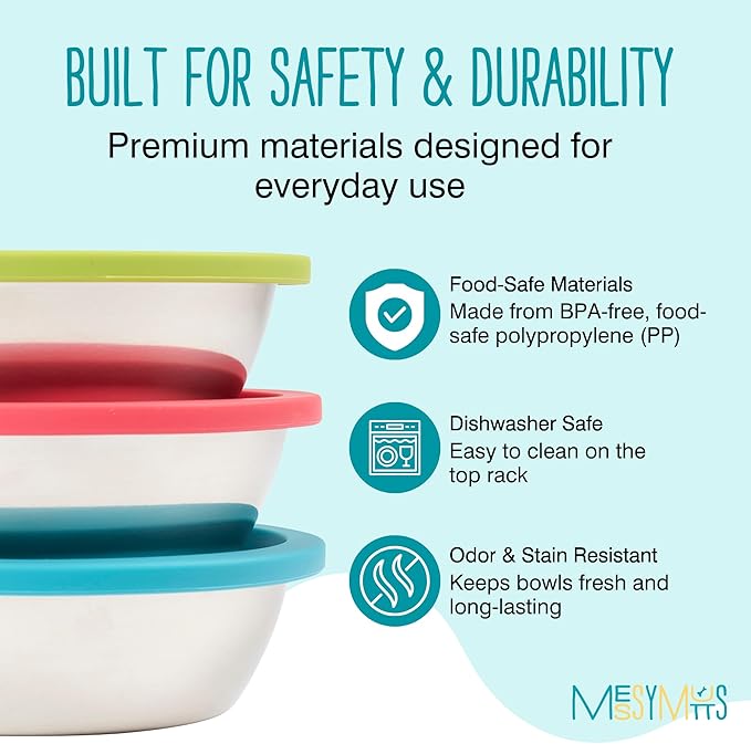 Messy Mutts 6-Piece Set | Three Stainless Steel Bowls and Three Colorful Silicone Lids | Sealable Travel Containers | Portable Food/Water Dishes for Pets | Medium, 1.5 Cups