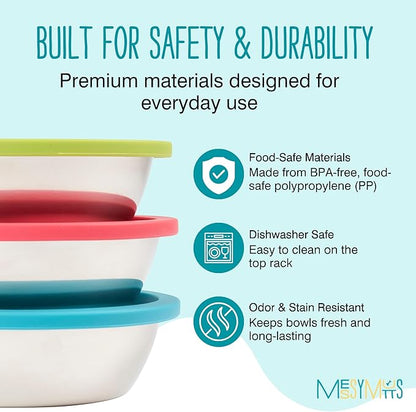 Messy Mutts 6-Piece Set | Three Stainless Steel Bowls and Three Colorful Silicone Lids | Sealable Travel Containers | Portable Food/Water Dishes for Pets | Extra-Large, 6 Cups