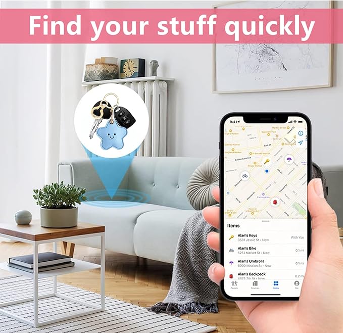 Leather Keychain Holder Case Compatible with AirTag,Cute Protective Cover with Keyring,Anti-Scratch Finder GPS Tracker Case for Wallet Keys,bag,pets,Backpack(Blue Star)