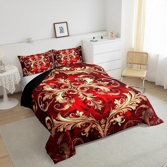 Erosebridal (Just Print Red Damask Print King Size Comforter Set, Bohemian Vintage Floral Paisley Soft Bed Set for Kids Boys Girls, Tribal Hippie Exotic Quilt Set,Victorian Baroque Bed Sets