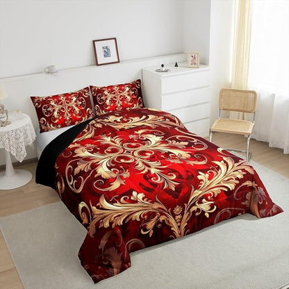 Erosebridal (Just Print Red Damask Print King Size Comforter Set, Bohemian Vintage Floral Paisley Soft Bed Set for Kids Boys Girls, Tribal Hippie Exotic Quilt Set,Victorian Baroque Bed Sets