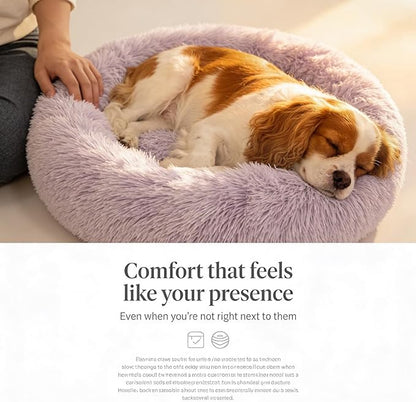Calming Dog Bed for Medium Dogs Washable Donut 30 inches Anti-Slip Pet Bed,Round Fluffy Plush Faux Fur Cat Bed,Fits up to 45 lbs Pets,Gradient Purple