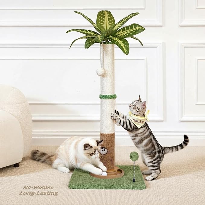 Tall Cat Scratching Post Vertical Pole for Indoor, 35" Palm Tree Sisal Scratch Post for Large Adult Cats Kittens, Heavy Duty Wooden Carpet Pole with Ball Track Leaves, Furniture Protection